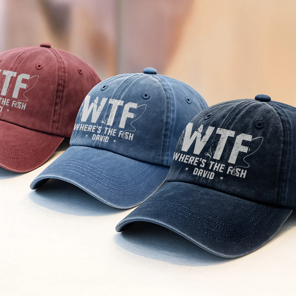 WTF Where's The Fish - Personalized Vintage Washed Denim Cap - Image 3