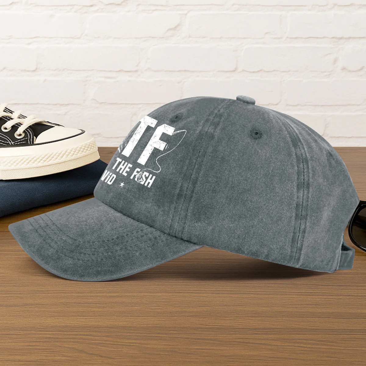 WTF Where's The Fish - Personalized Vintage Washed Denim Cap - Image 4