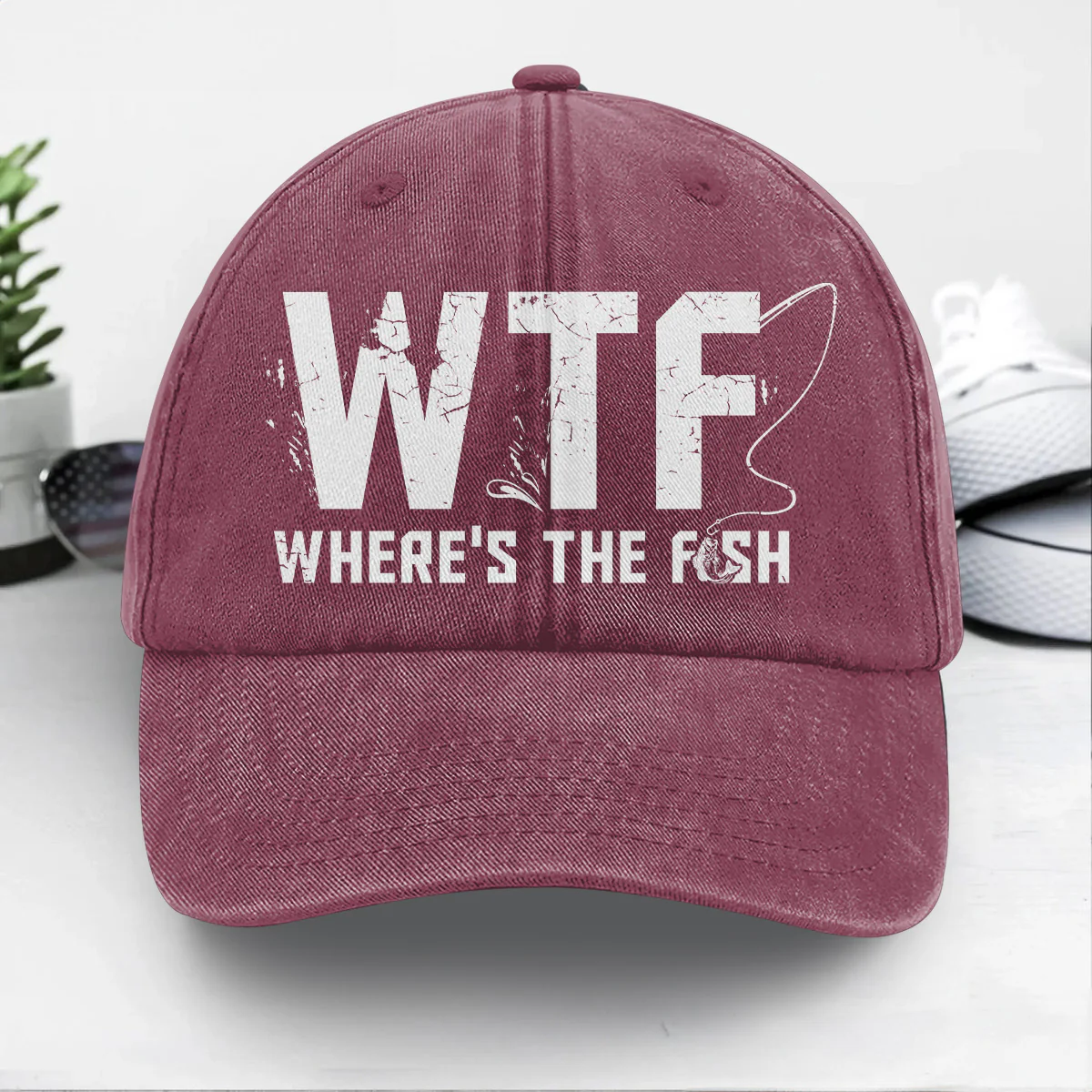 WTF Where's The Fish - Personalized Vintage Washed Denim Cap - Image 5
