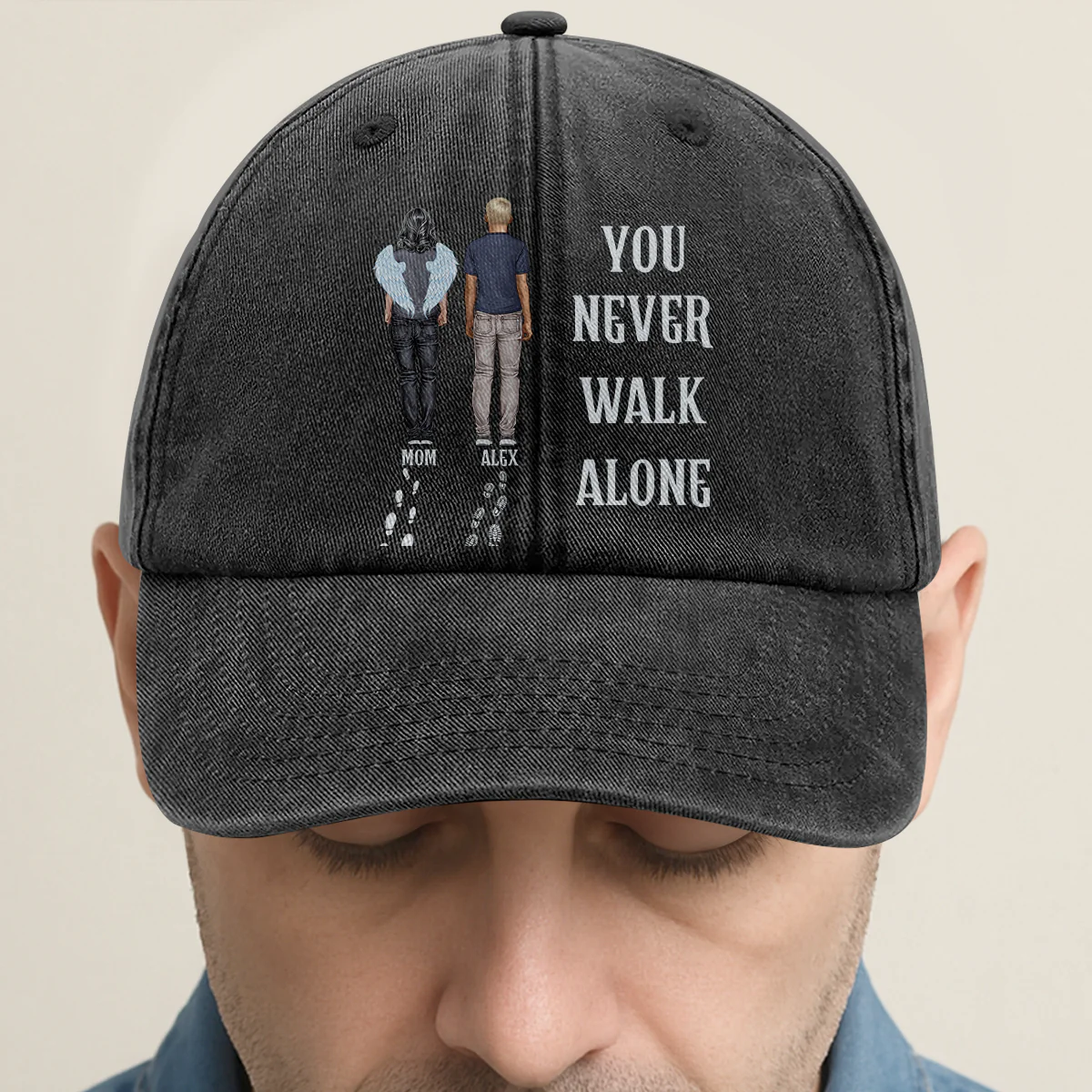 You Never Walk Alone - Personalized Vintage Washed Denim Cap - Image 2