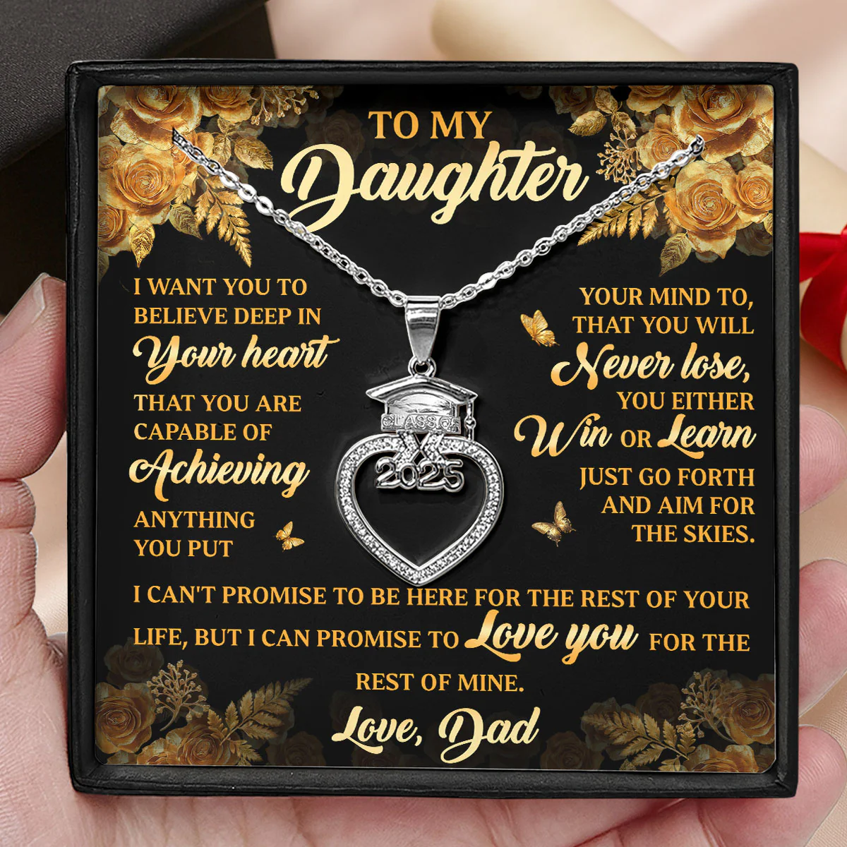 You Will Never Lose You Either Win Or Learn - Personalized Grad Cap Heart Necklace With Box&Card - Image 3